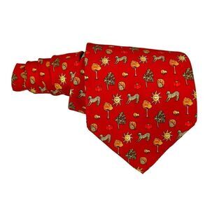 Salvatore Ferragamo Men’s 100% Silk Tie Red Sun Leopards Frogs Leaves Italy